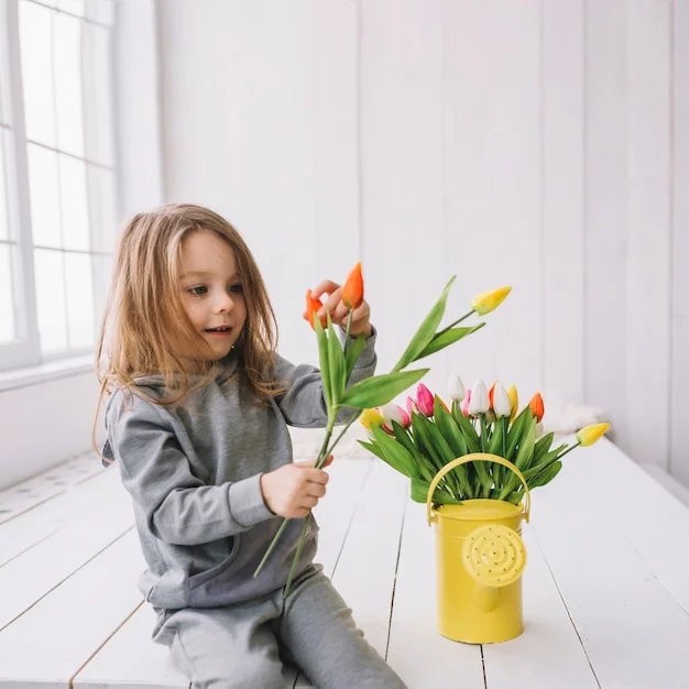 Children engaging with floral arrangements in a classroom.