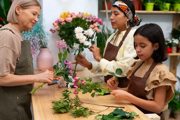 Children and adults participating in a floral arrangement class.